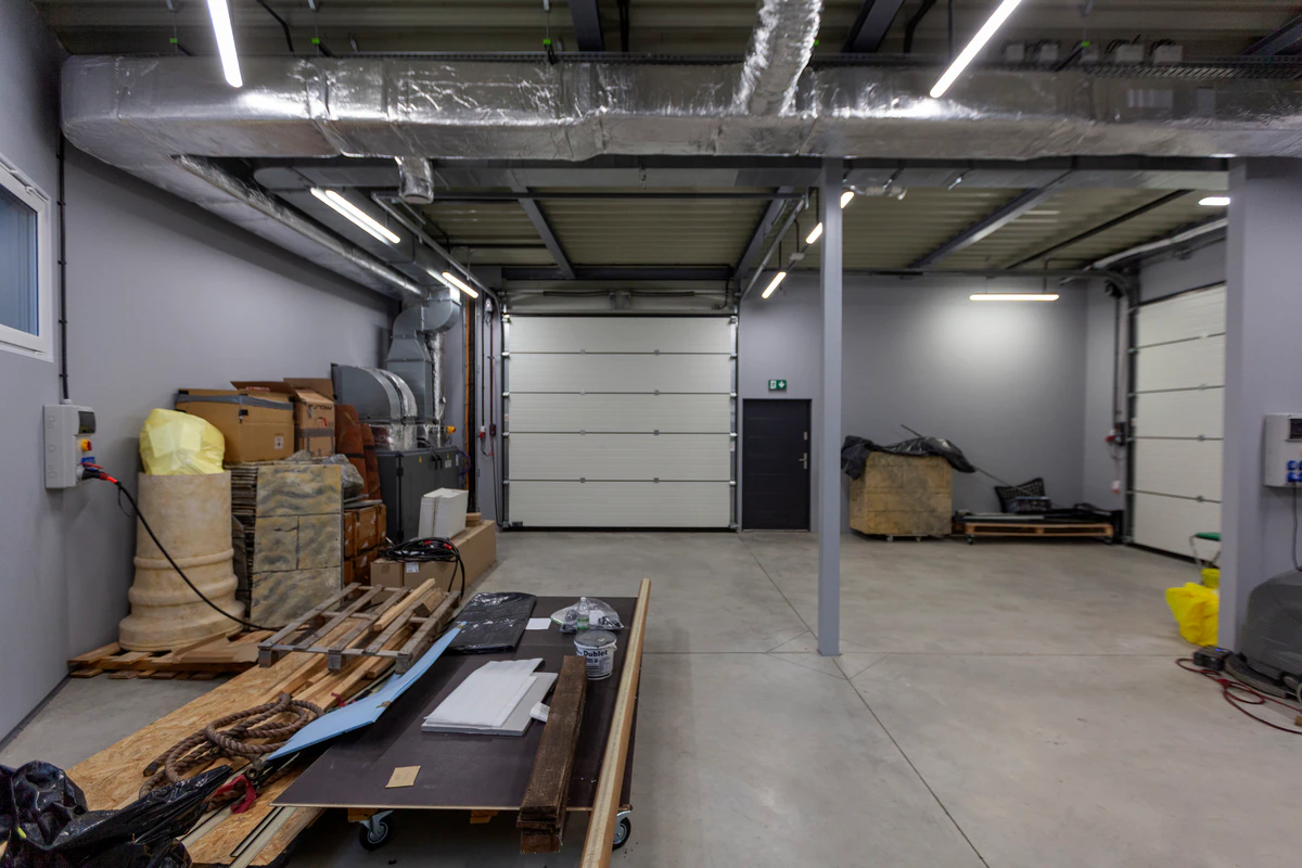 Set workshop with a loading door and set materials