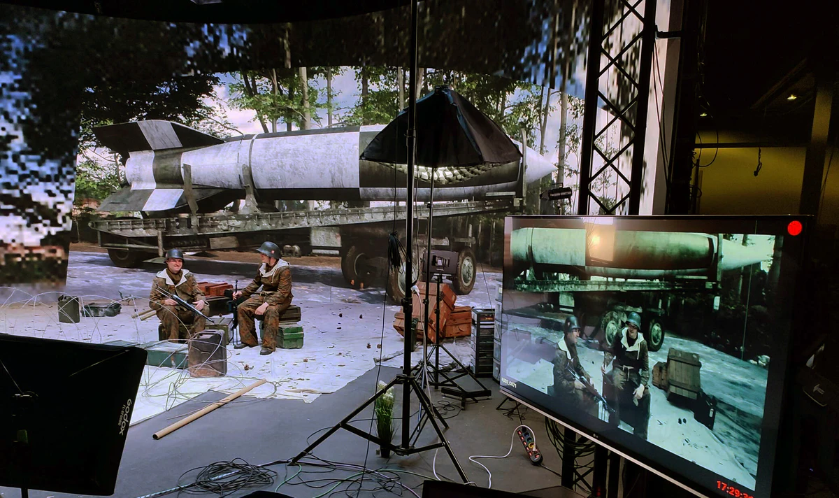 On set: a winter set with a tank in front of the LED wall