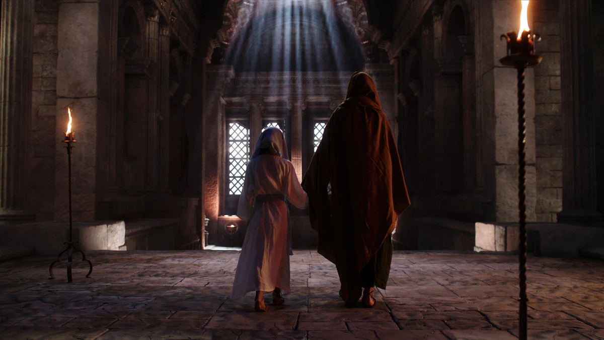 Shot: two figures in a medieval cathedral