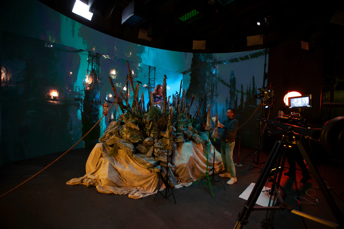 On set: a foreground set in front of the LED wall showing ships