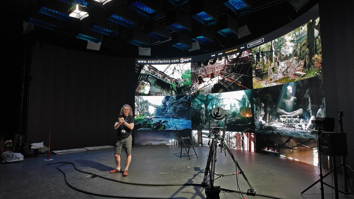 On set: the LED wall showing several sets at once