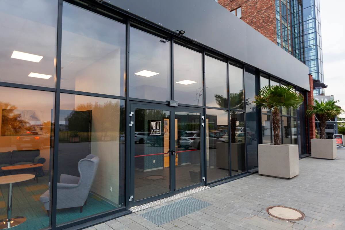 The glass entrance to the studio
