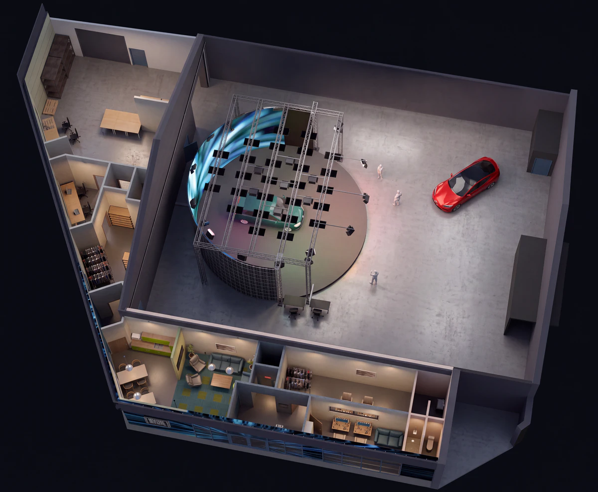 Isometric plan of Virtual Magic Studio: stage with the cylindrical LED wall and rotating platform, dressing rooms, crew lounge, storage and set workshop